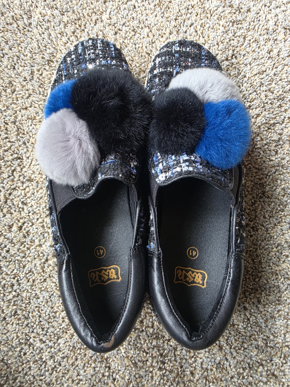 Ash Black Tweed Flats with Blue, Gray and Black Pom Poms